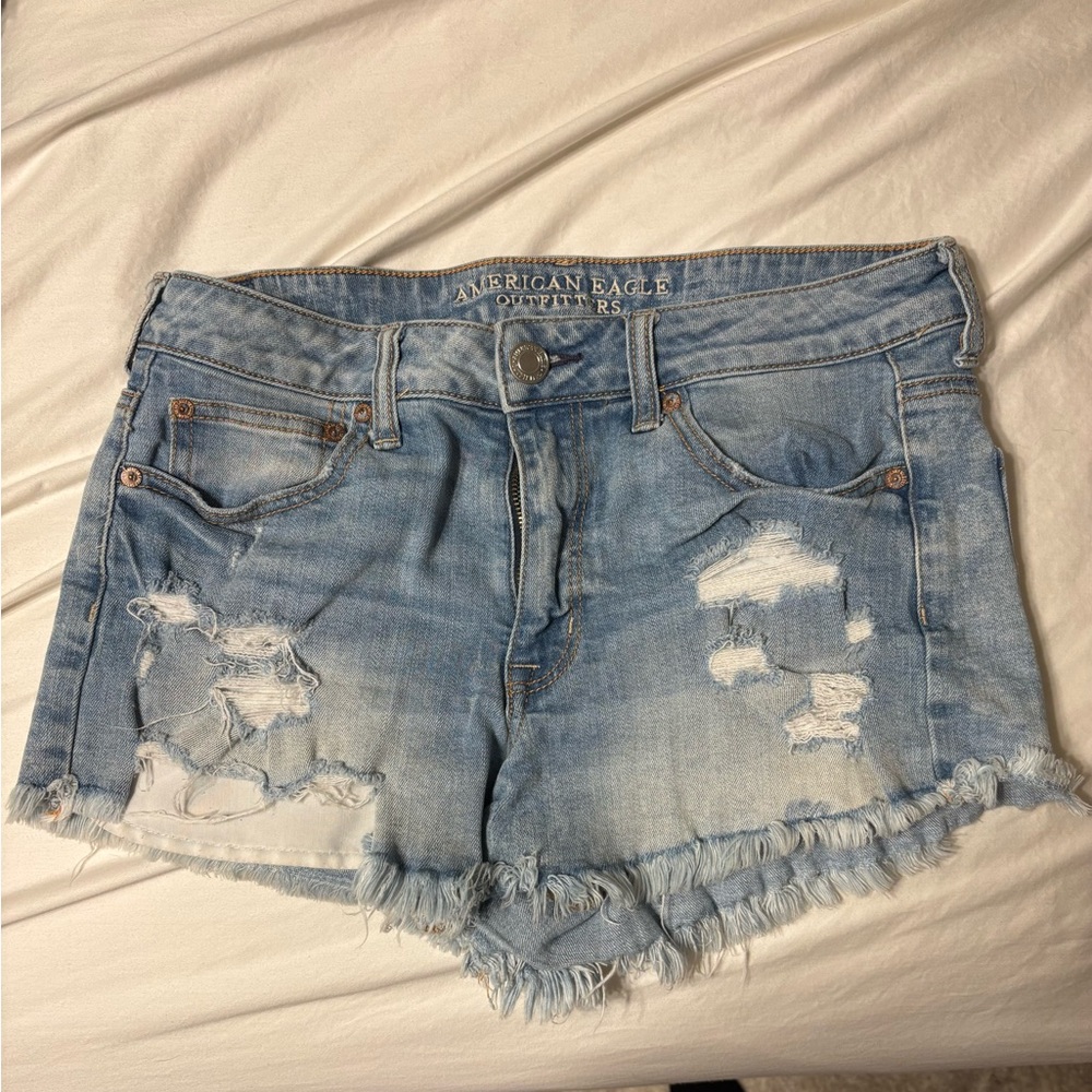 AE Distressed Light Blue Jean Shorts